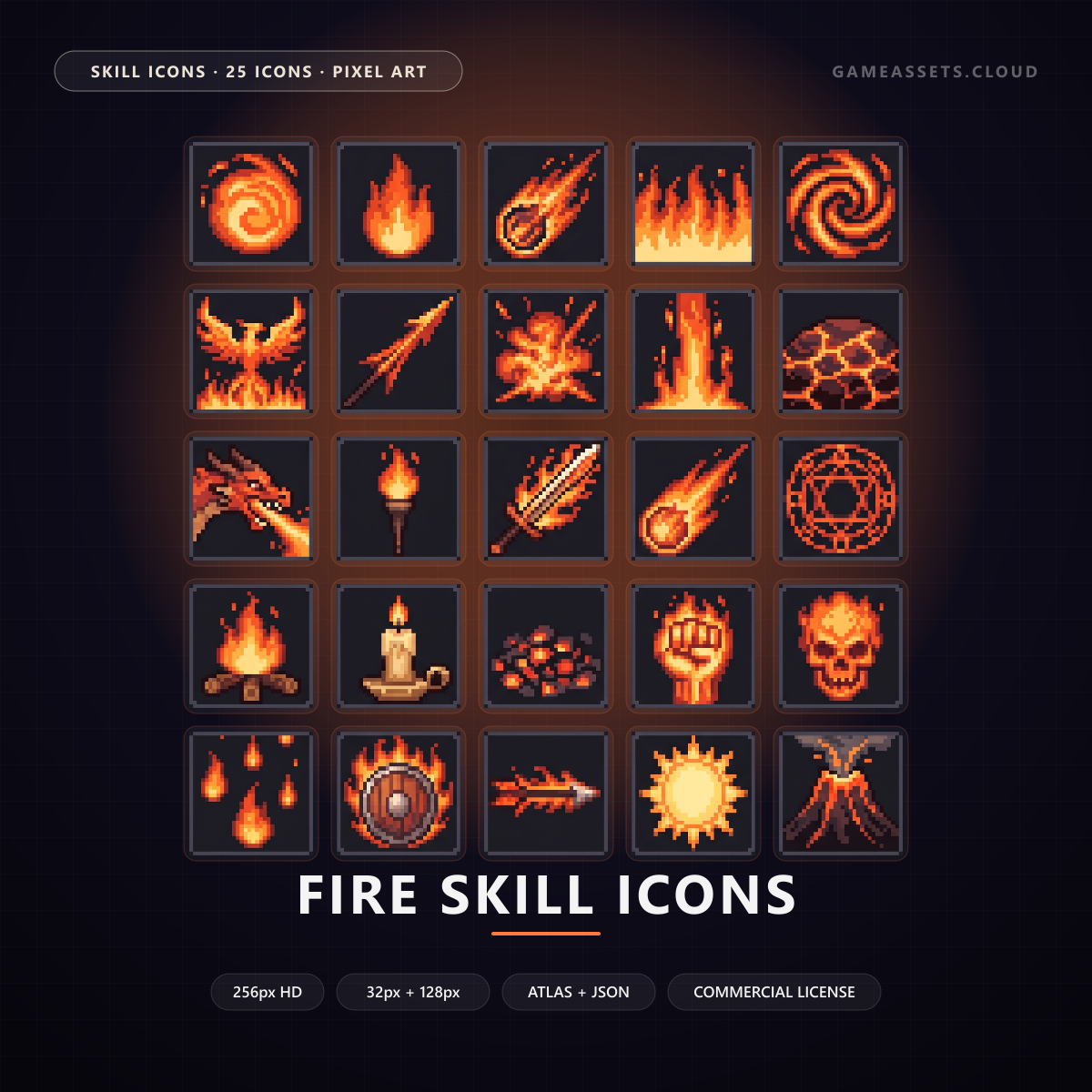 Fire Skill Icons — 25 Pixel Art RPG Spell Icons — ability icons, fire, fire magic