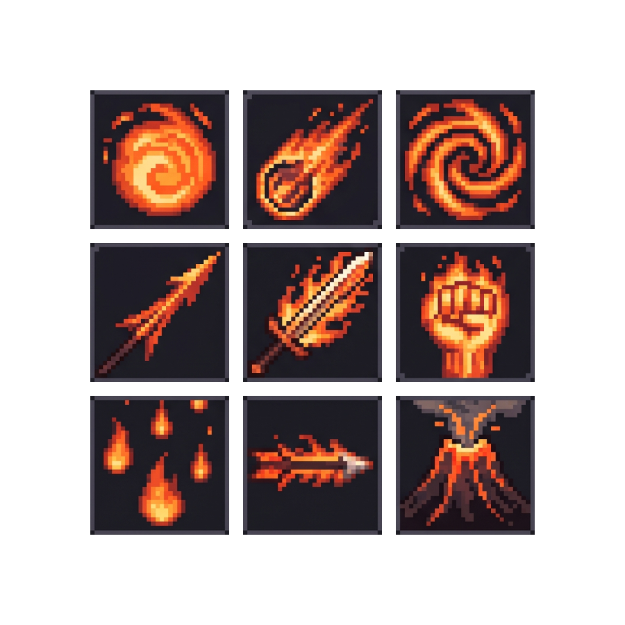 Fire Skill Icons — 25 Pixel Art RPG Spell Icons