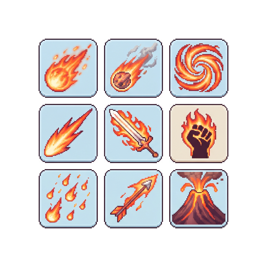 Fire Skill Icons — 25 Retro Quest RPG Spell Icons