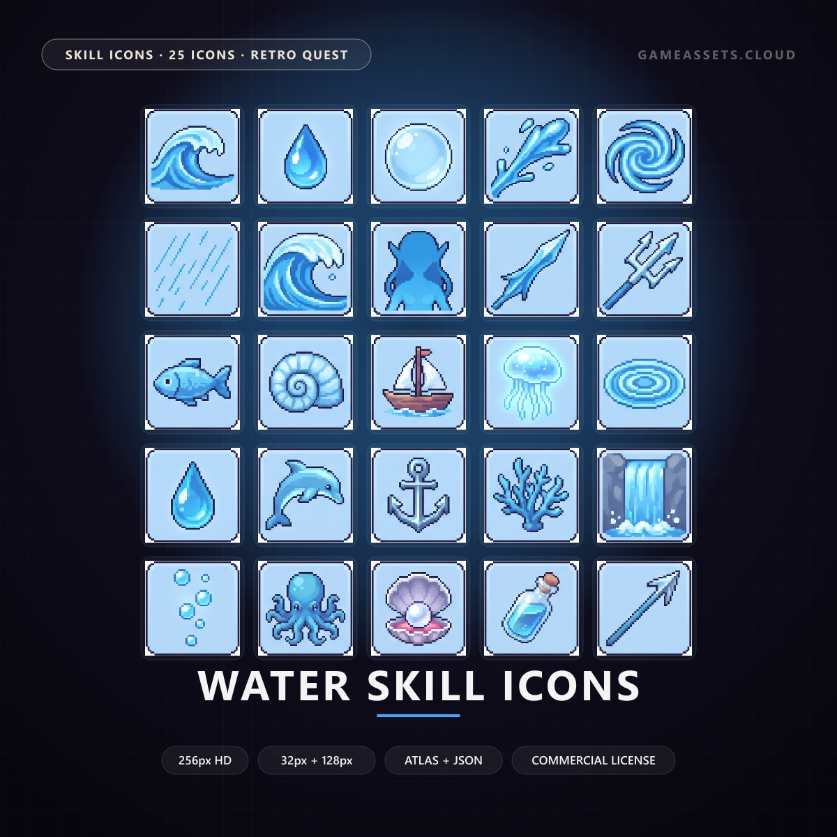 Water Skill Icons — 25 Retro Quest RPG Spell Icons — ability icons, game ui icons, icons
