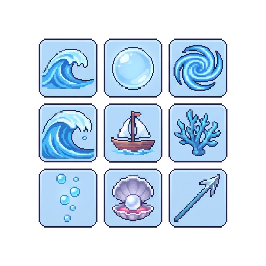 Water Skill Icons — 25 Retro Quest RPG Spell Icons