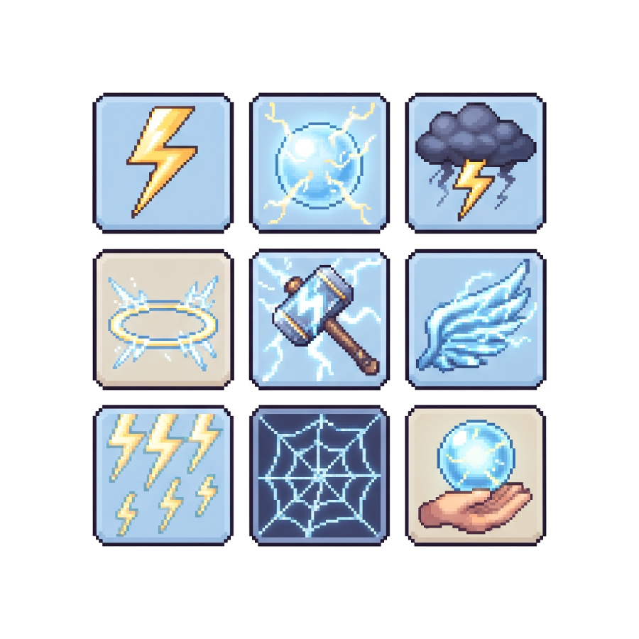 Lightning Skill Icons — 25 Retro Quest RPG Spell Icons