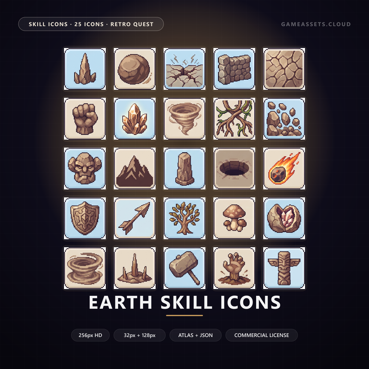 Earth Skill Icons — 25 Retro Quest RPG Spell Icons — ability icons, earth, earth magic