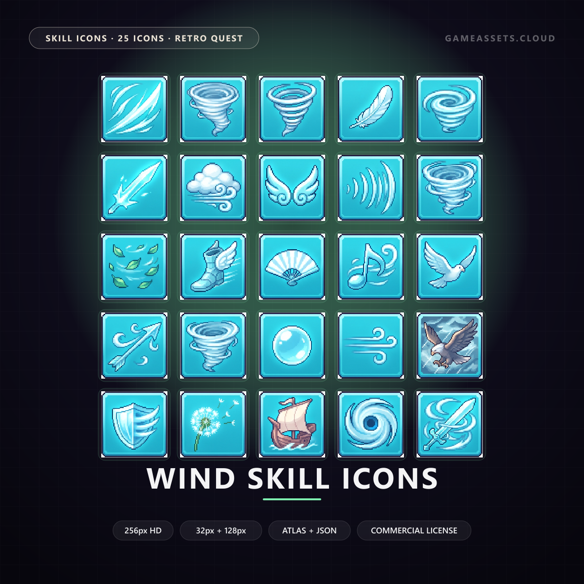 Wind Skill Icons — 25 Retro Quest RPG Spell Icons — ability icons, game ui icons, icons