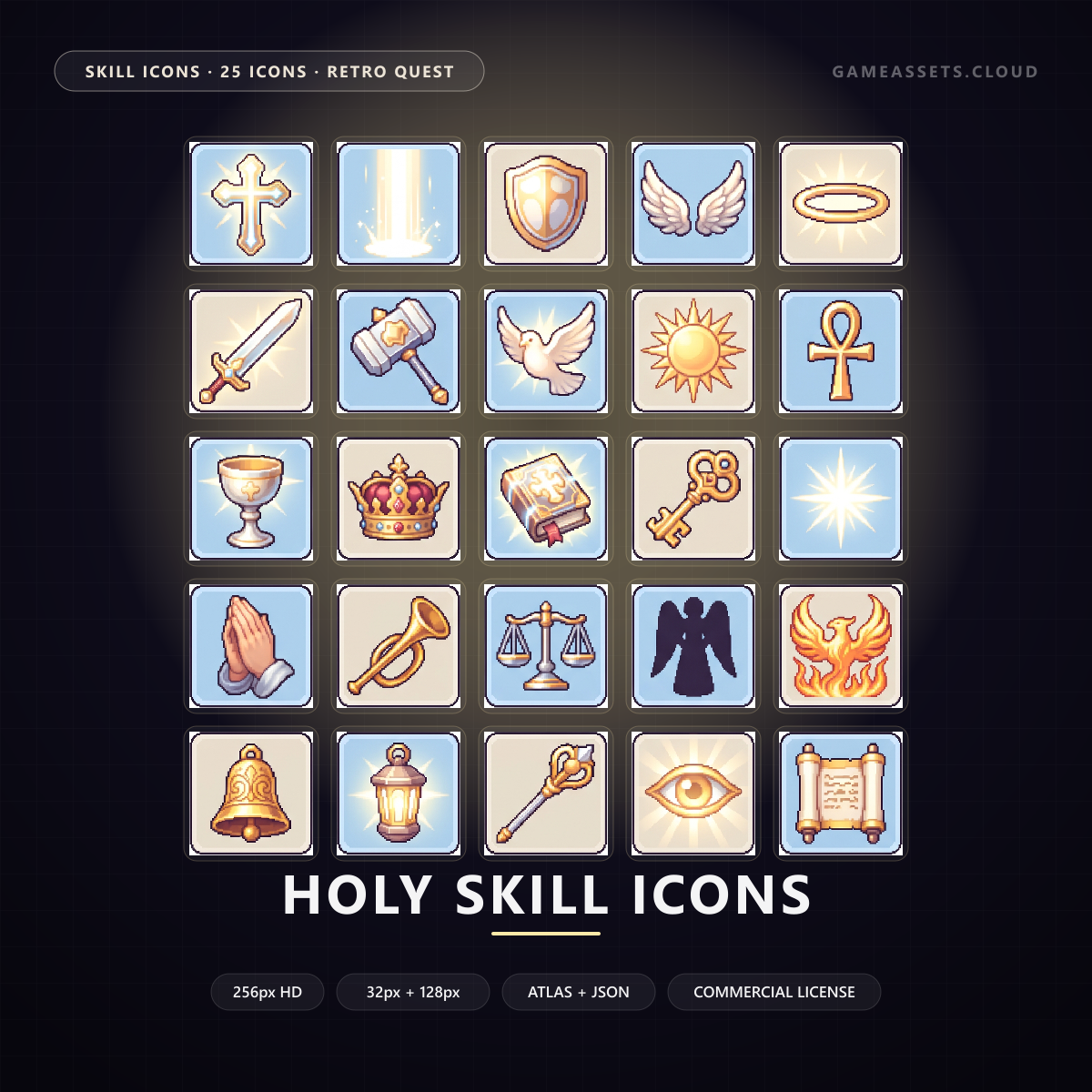 Holy Skill Icons — 25 Retro Quest RPG Spell Icons — ability icons, game ui icons, holy