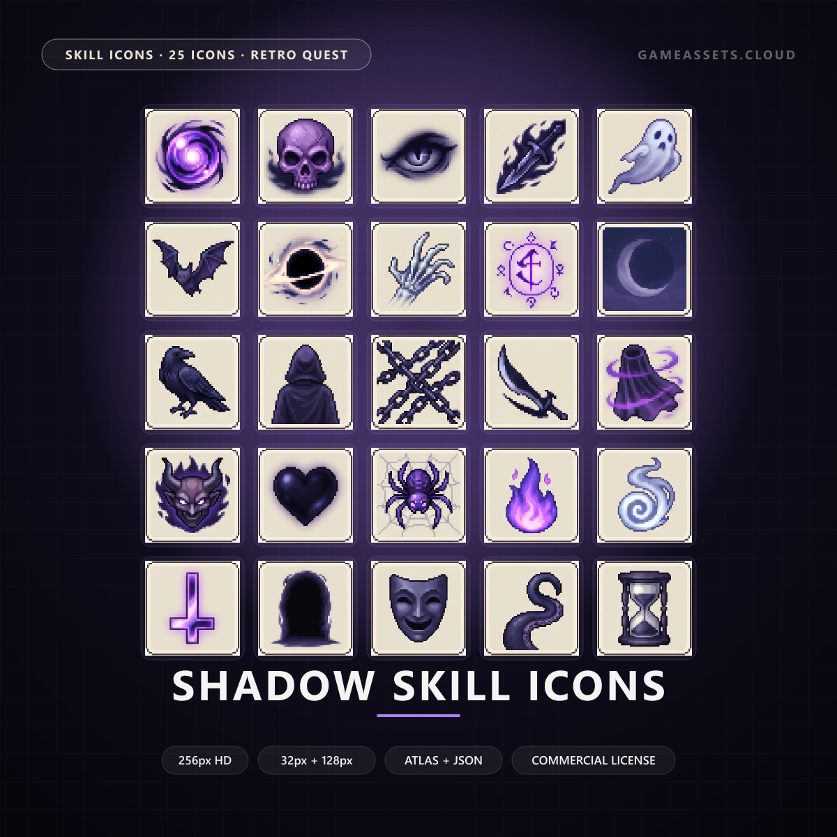 Shadow Skill Icons — 25 Retro Quest RPG Spell Icons — ability icons, game ui icons, icons