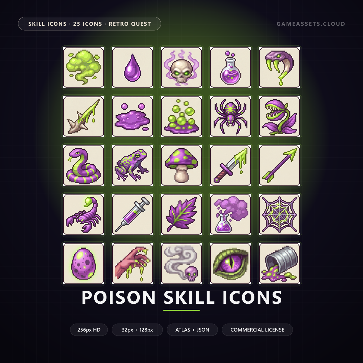 Poison Skill Icons — 25 Retro Quest RPG Spell Icons — ability icons, game ui icons, icons