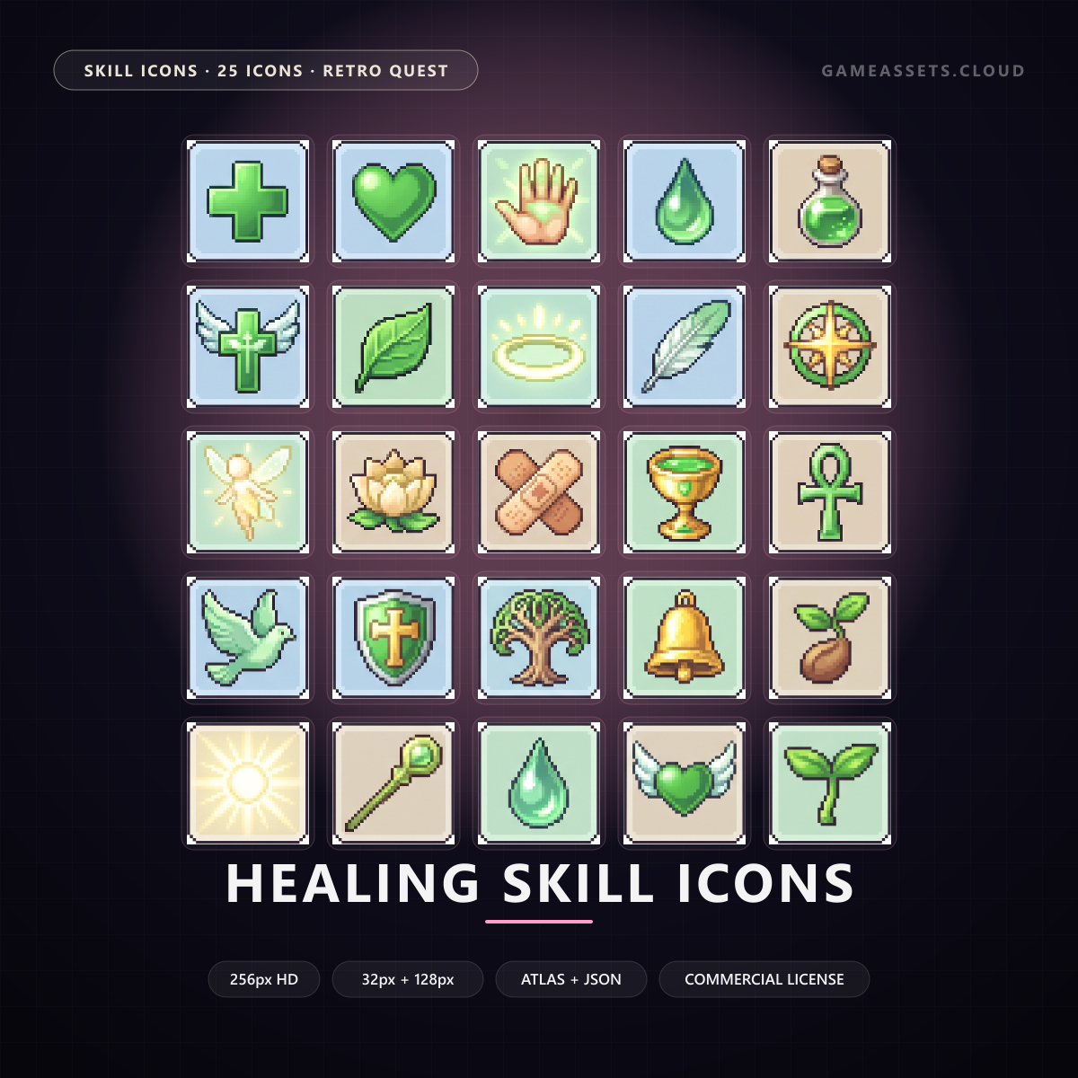 Healing Skill Icons — 25 Retro Quest RPG Spell Icons — ability icons, cura, game ui icons