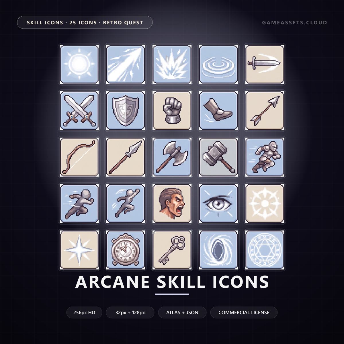 Arcane Skill Icons — 25 Retro Quest RPG Spell Icons — ability icons, arcane, arcane magic