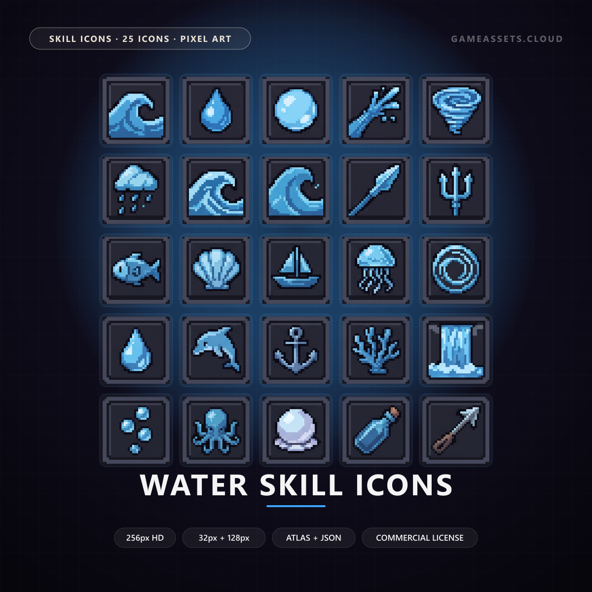 Water Skill Icons — 25 Pixel Art RPG Spell Icons — ability icons, game ui icons, icons