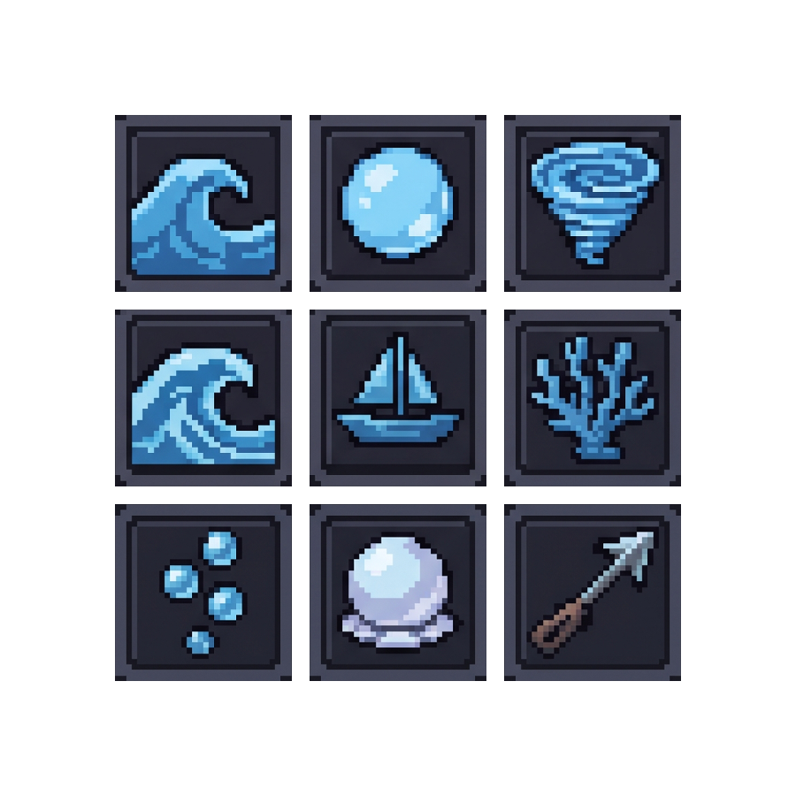 Water Skill Icons — 25 Pixel Art RPG Spell Icons