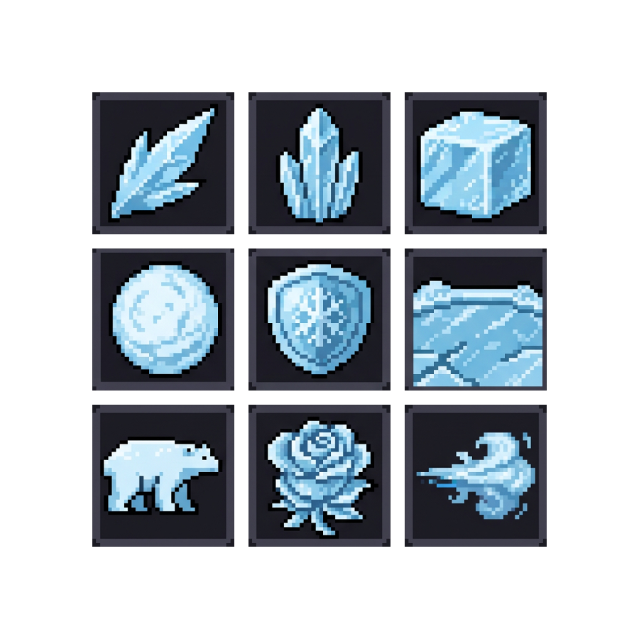 Ice Skill Icons — 25 Pixel Art RPG Spell Icons
