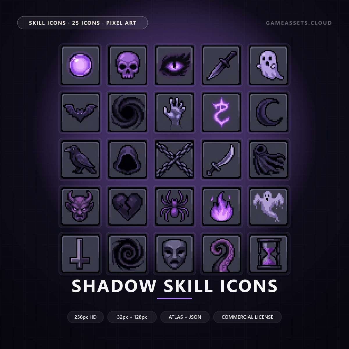 Shadow Skill Icons — 25 Pixel Art RPG Spell Icons — ability icons, game ui icons, icons