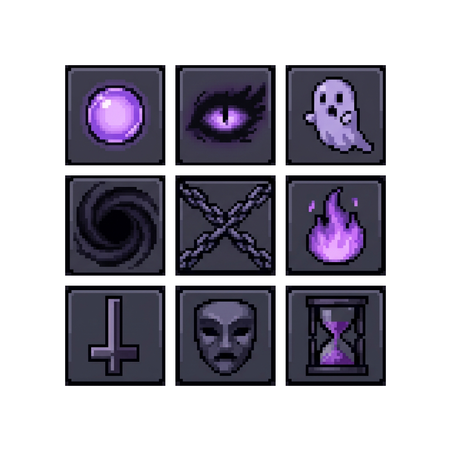Shadow Skill Icons — 25 Pixel Art RPG Spell Icons