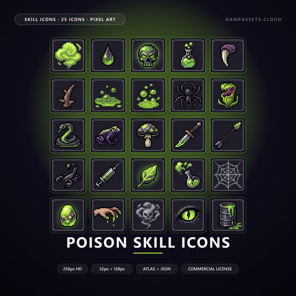 Poison Skill Icons — 25 Pixel Art RPG Spell Icons — ability icons, game ui icons, icons