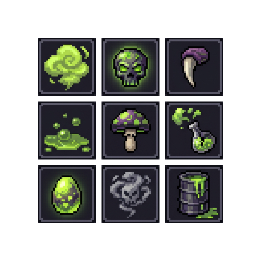 Poison Skill Icons — 25 Pixel Art RPG Spell Icons