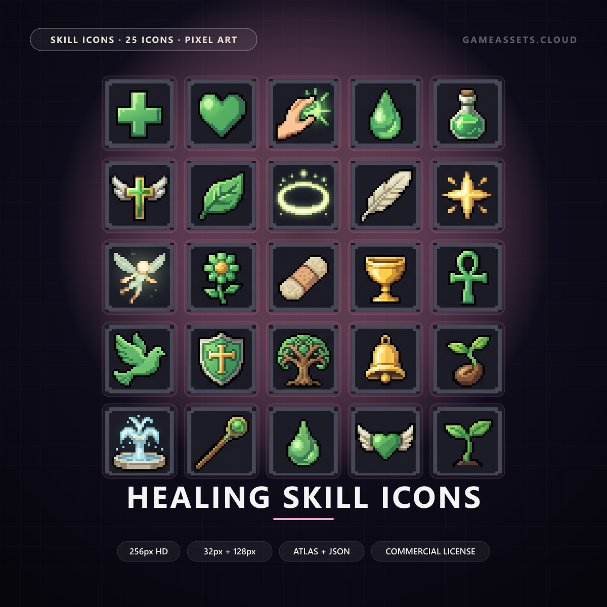 Healing Skill Icons — 25 Pixel Art RPG Spell Icons — ability icons, cura, game ui icons