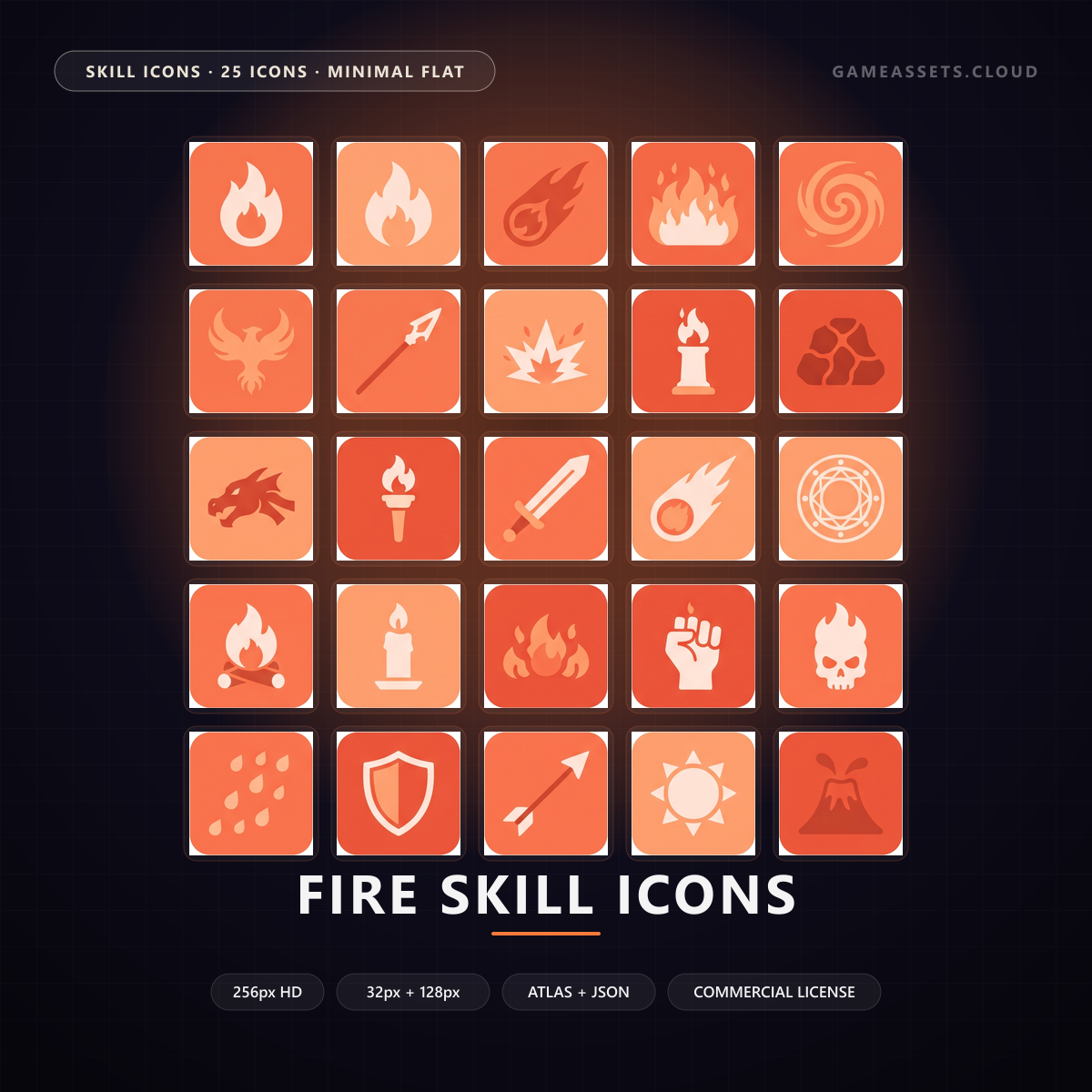 Fire Skill Icons — 25 Minimal Flat RPG Spell Icons — ability icons, fire, fire magic