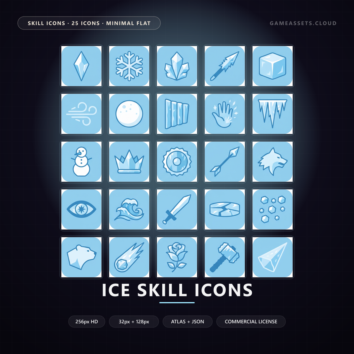 Ice Skill Icons — 25 Minimal Flat RPG Spell Icons — ability icons, flat, game ui icons